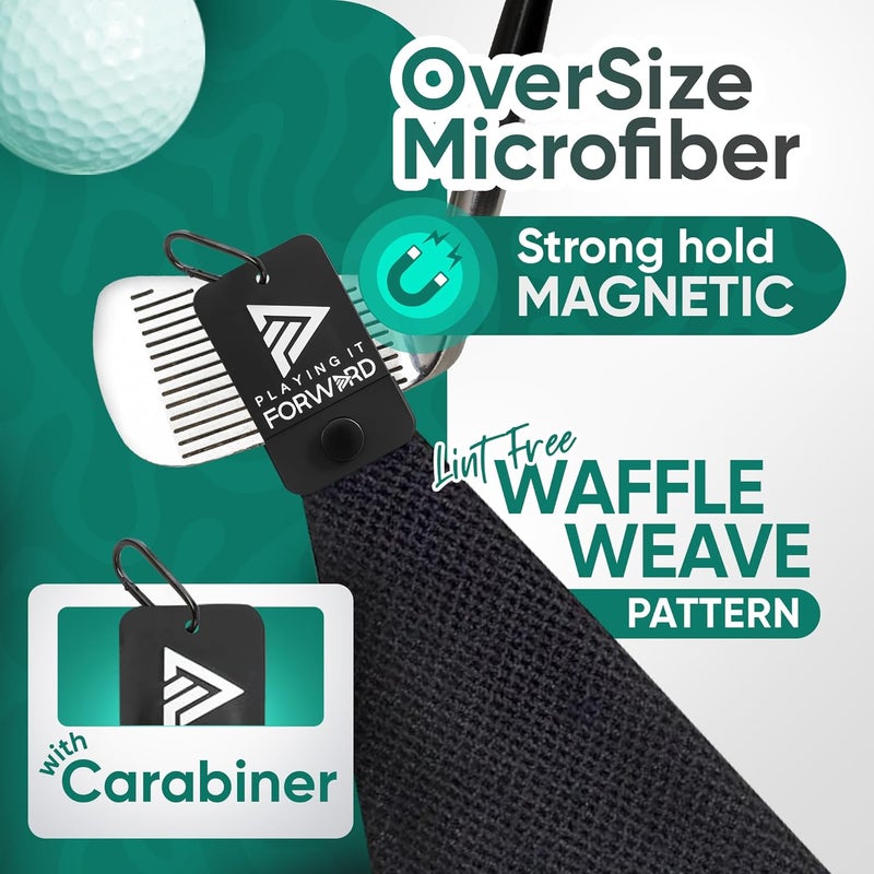 Playing It Forward Magnetic Golf Towels for Golf Bags with Clip & Ultra Strong Magnet - Waffle Weave Microfiber Towel for Secure Hold on Bags & Carts - Ideal Club Cleaner & Accessories - Black - Image 3
